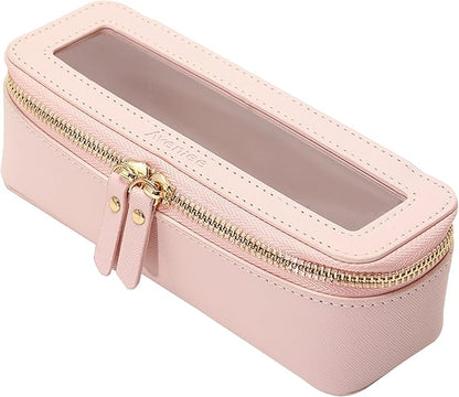 Aveniee Clear Makeup Brush Bag, Slim Cosmetic Brush Holder, small Toiletry Bag Mini Travel Case for Women, Thin Make up Bags with Dual Zipper, Cute Travel Essentials Organizer,Pink