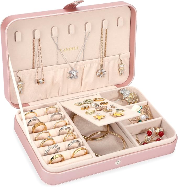 LANDICI Small Jewelry Box for Women Girls, PU Leather Travel Jewelry Case, Portable Jewelry Organizer Storage Holder Display for Ring Earrings Necklace Bracelet Women Kids Gift, Rose Gold