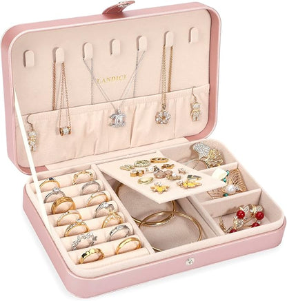 LANDICI Small Jewelry Box for Women Girls, PU Leather Travel Jewelry Case, Portable Jewelry Organizer Storage Holder Display for Ring Earrings Necklace Bracelet Women Kids Gift, Rose Gold