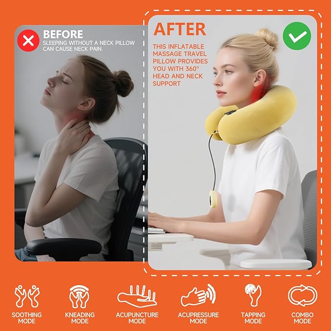 Inflatable Massage Travel Pillow – 6-Mode Adjustable Vibration, Soft Neck Support Cushion for Airplane, Car, Office & Home, Easy to Inflate & Carry