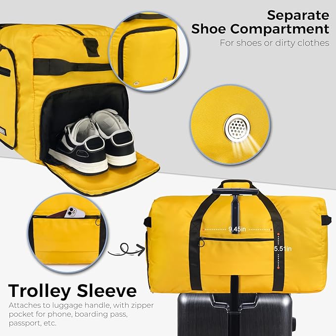 Fmeida 65L Duffle Bag with Shoes Compartment, Foldable Travel Duffel Bags for Men Women, Large Packable Travel Bag Water Repellent & Tear Resistant (Yellow)