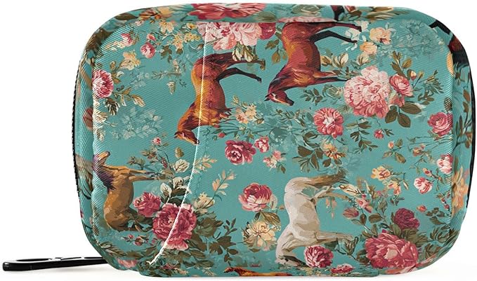 Teal Horses and Red Roses Travel Pill Organizer Case Box Container Weekly Portable Vitamin Medicine Holder Storage Bag with Zipper Removable