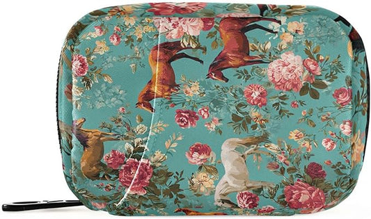 Teal Horses and Red Roses Travel Pill Organizer Case Box Container Weekly Portable Vitamin Medicine Holder Storage Bag with Zipper Removable