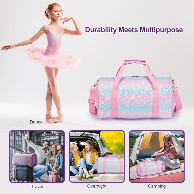 Bagseri Duffel Bags for Kids - Girls Dance Bag Ballet Tote, Waterproof Sports Gymnastics Bag for Overnight with Shoe Compartment and Dry Wet Separation Pockets (Tie-dye,Pink)