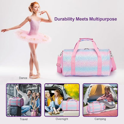 Bagseri Duffel Bags for Kids - Girls Dance Bag Ballet Tote, Waterproof Sports Gymnastics Bag for Overnight with Shoe Compartment and Dry Wet Separation Pockets (Tie-dye,Pink)