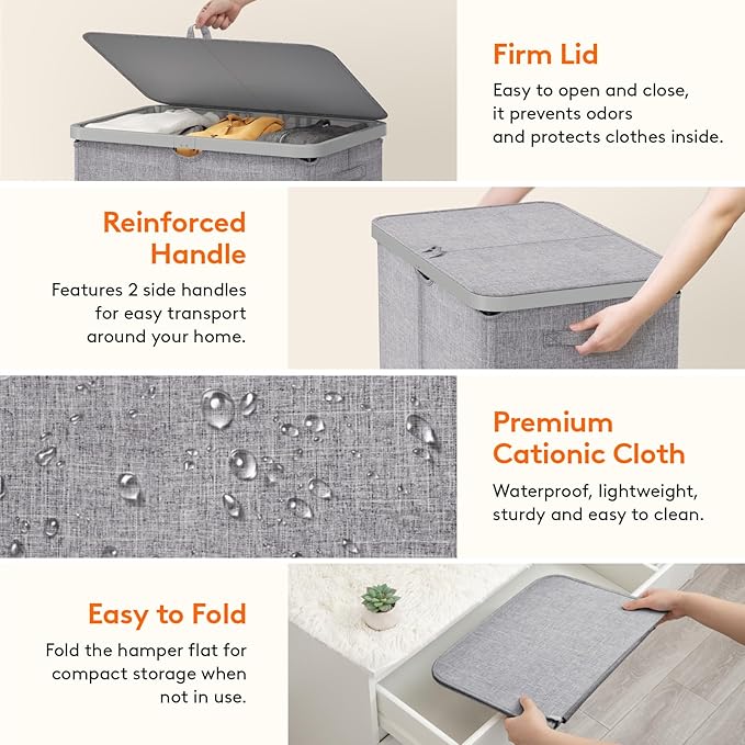 Lifewit 165L Laundry Basket with Lid, Large Laundry Hamper with Plastic Handles and Removable Bag, Foldable Tall Dirty Clothes Hampers for Laundry for Laundry Room, Bedroom, Bathroom, Dorm, Light Gray