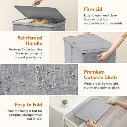 Lifewit 165L Laundry Basket with Lid, Large Laundry Hamper with Plastic Handles and Removable Bag, Foldable Tall Dirty Clothes Hampers for Laundry for Laundry Room, Bedroom, Bathroom, Dorm, Light Gray