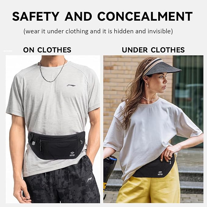 Travel Money Belt for Men and Women hidden slim passport holder - travel wallet with RFID blocking under clothes to protect Cash, Credit Cards and Documents (BLACK)