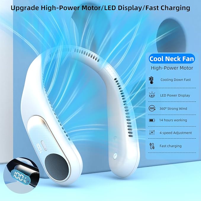 Portable Neck Fan,Personal Wearable Bladeless Fan,LED Display,4-Speeds,6000mAh USB Rechargeable,360° Strong Cooling Wind,Hands Free,Long Lasting,Birthday Gifts for Men Women Dad Mom (White)