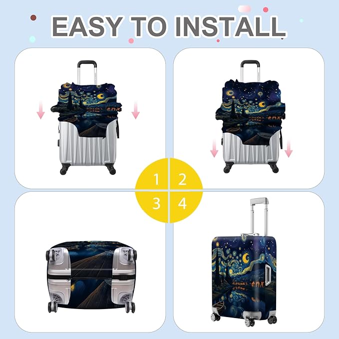 ANNA QUEEN Starry Night Art Luggage Cover, Van Gogh Inspired Suitcase Protector, Washable Stretchable Travel Sleeve for 20-22 Inch Luggage