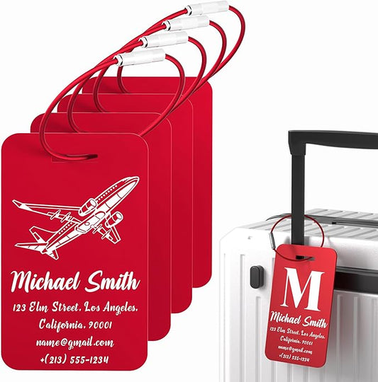 4 PCS Personalized Luggage Tags for Suitcase, Custom Engraved Aluminum Luggage Tags with Your Personalized Text Logo, Metal Name Tags with Steel Loop for Bag, Suitcase, Backpack (Red, Large)