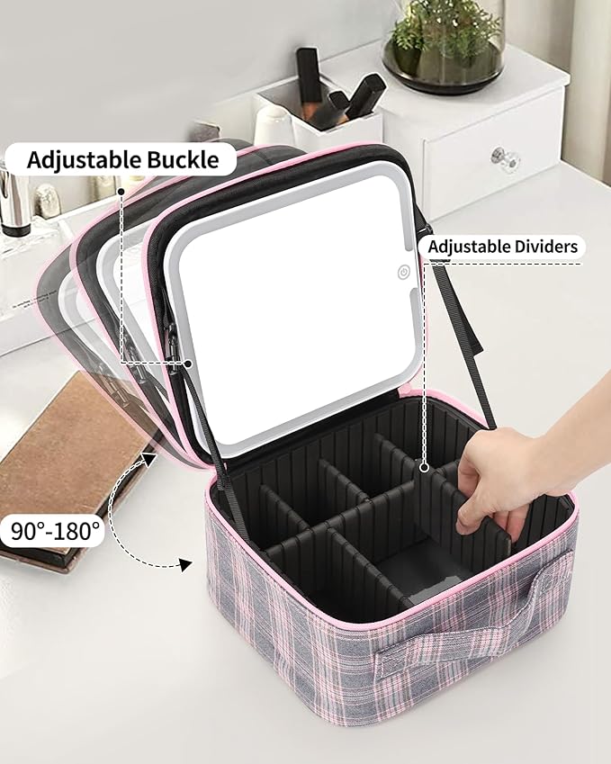 TANTO Makeup Bag With LED Mirror, Travel Makeup Case with Light up Mirror Large Cosmetic Case with 3 Color Lighted Portable Organizer Bag with Adjustable Dividers(Pink/Grey Stripes-Canvas, Small)