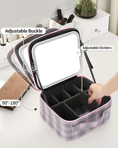 TANTO Makeup Bag With LED Mirror, Travel Makeup Case with Light up Mirror Large Cosmetic Case with 3 Color Lighted Portable Organizer Bag with Adjustable Dividers(Pink/Grey Stripes-Canvas, Small)