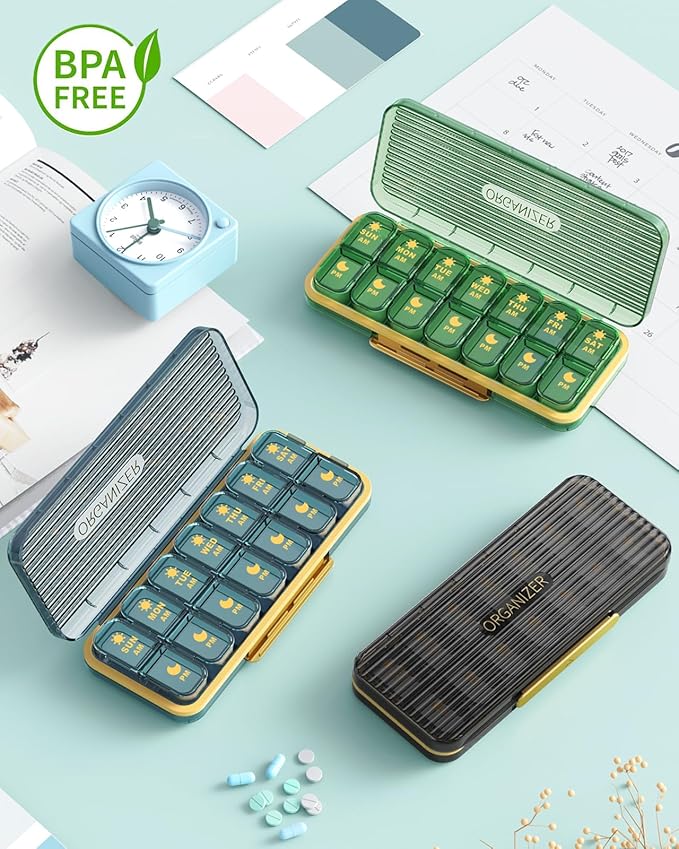 Pill Organizer 2 Times A Day, 7 Day Am Pm Pill Box - Acedada Weekly Pill Organizer with Separate Container, Portable Daily Medicine Planner Dispenser Case for Vitamin, Fish Oils, Supplements, Green