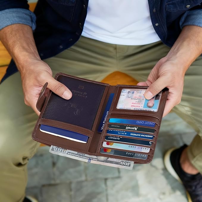 Polare Luxury RFID Blocking Leather Passport Holder Travel Wallet For Men and Women (Coffee with AirTag Slot(Snap Version))