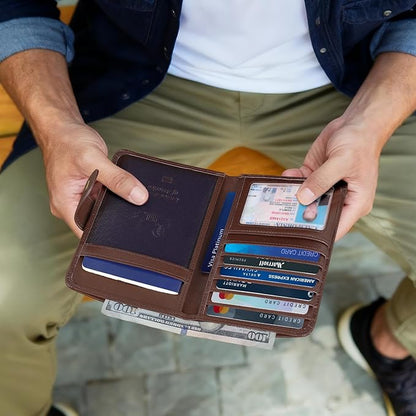 Polare Luxury RFID Blocking Leather Passport Holder Travel Wallet For Men and Women (Coffee with AirTag Slot(Snap Version))