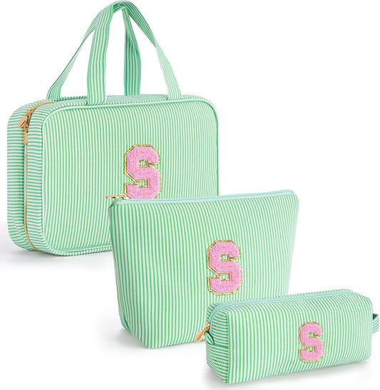 Cute Toiletry Bag Makeup Bag for Women & Girls - Cosmetic Bag | Initial Make Up Bag | Personalized Gift for Women/Her | Bridal Shower & Mother's Day Gift - Green S