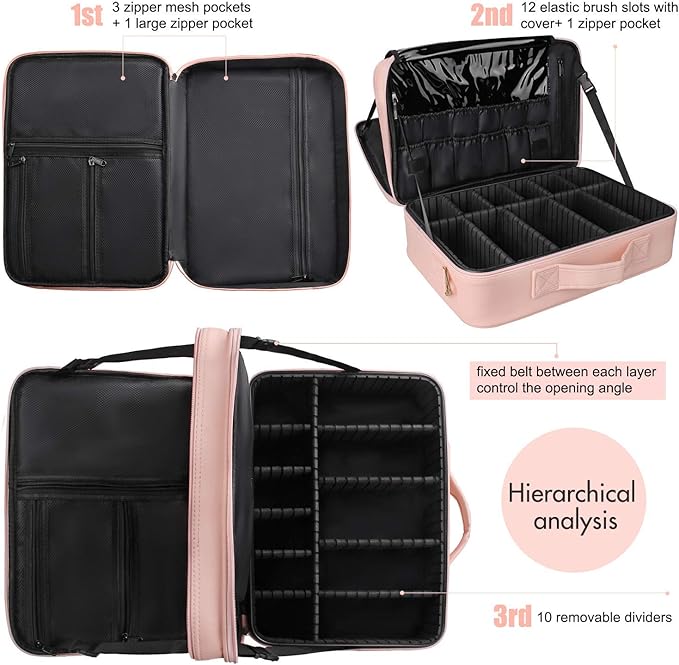Relavel Travel Makeup Train Case Cosmetic Case Organizer Portable Artist Storage Bag with Adjustable Dividers for Cosmetics Makeup Brushes Toiletry Jewelry Digital Accessories
