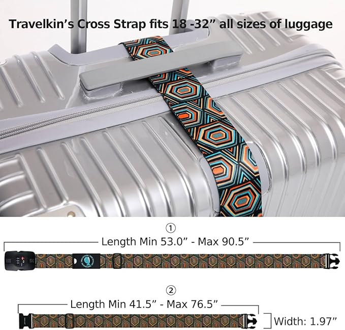 Travelkin Luggage Straps TSA Approved - Adjustable Cross Suitcase Straps with TSA Lock, Reinforced Buckle, Unique Pattern - Secure Heavy Duty Luggage Straps for Travel (Geometry)