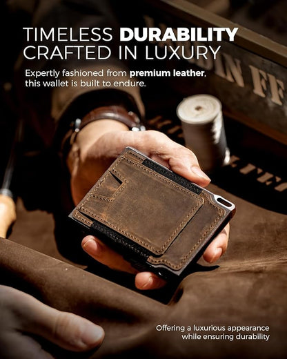 LORZOR Slim Tactical Wallet for Men- Minimalist Front Pocket Full Grain Leather Wallet for 12 Cards, RFID Blocking Aluminum Cardholder, Smart Pop Up Card Case, Money Clip, Gift Boxed(DistressBrown)