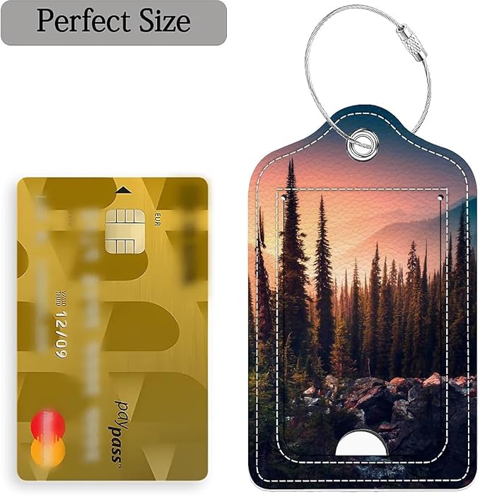 Funny PU Leather Luggage Tags 2-Pack Suitable for Suitcase Stainless Steel Loop and Address Card Essential with Cruise and Airport Travel Mountain Dreams Tree Cute Pattern