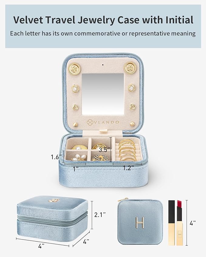 Vlando Jewelry Case for Girls Womens Fashion, Pink Jewelry Box Travel Must Haves, Jewelry Box for Girls, Small Travel Jewelry Case Birthday Gifts for Travel Gifts for Women - Letter H, Blue