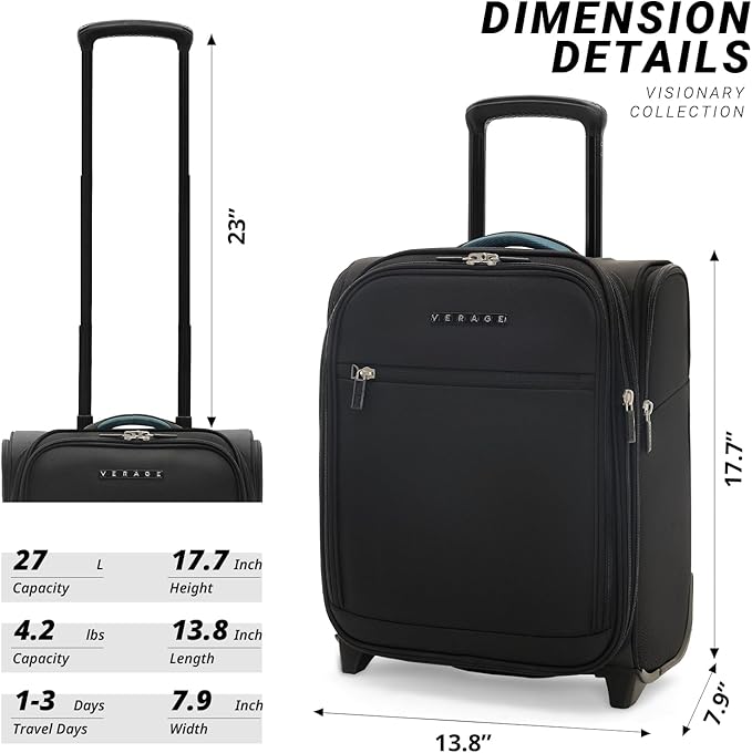 Verage Under Seat Luggage with Wheels, Softside Expanable Small Suitcase Carry On Luggage Bags for Airlines Airplanes Short Trip Men Women (Black, 16-Inch Rolling Underseat)
