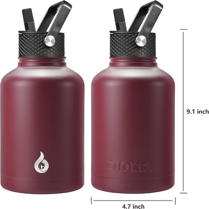 BJPKPK Insulated Water Bottles with Straw Lid, 50oz Large Water Jug, Stainless Steel Vacuum Bottles, Hot & Cold Thermo with 3 Lids and Paracord Handle,Brick Red