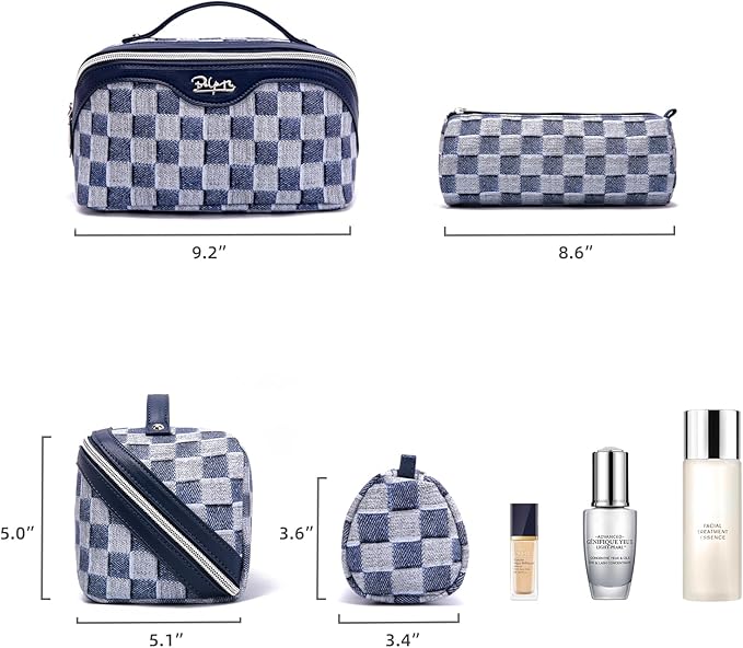 BOYATU Travel Makeup Bag for Women: Large Cosmetic Bag Set of 3 - PU Leather Make up Bag with Compartments - Compact Waterproof Toiletry Bag with Divider & Handle (D-5-Deep Blue)