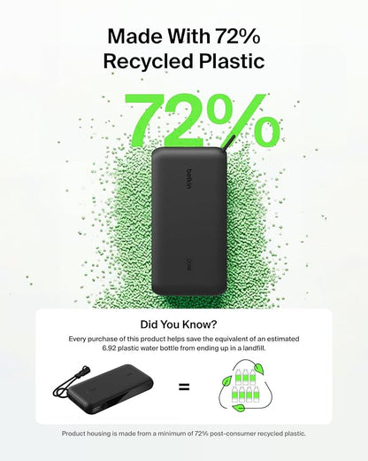Belkin Portable Charger, USB-C Power Bank 20,000mAh w/ 2X USB-C Ports & 1x A Port, Digital Battery Display, 20W Charging for iPhone 17, Air, Pro, Samsung Galaxy S25, Pixel 10, iPad, & More - Black
