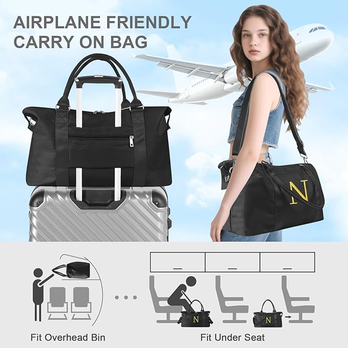 Personalized Initial Gym Dance Bag, Travel Duffel Bag for Teen Girls, Carry On Bag Overnight Weekender Bag with Trolley Sleeve, Birthday Gifts for Women Mom Daughter Graduation Gift(Letter N, Black)