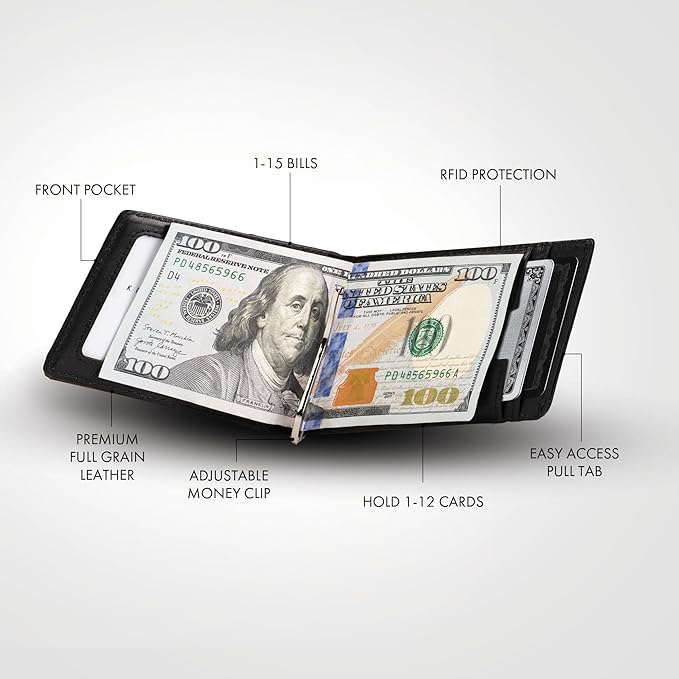 Kings Loot Money Clip Slim Minimalist Wallet for Men – RFID Blocking Leather Design with Money Clip – Front Pocket Bifold Holds 12 Cards – Stylish & Compact Wallets (Black/Engraved)