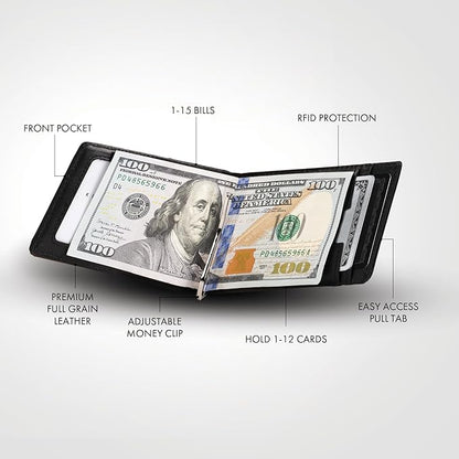 Kings Loot Money Clip Slim Minimalist Wallet for Men – RFID Blocking Leather Design with Money Clip – Front Pocket Bifold Holds 12 Cards – Stylish & Compact Wallets (Black/Engraved)