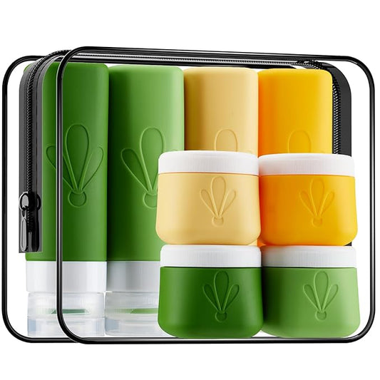 INSFIT 8 Pack Silicone Travel Bottles & Cream Jars with Toiletry Bag, 3oz Leakproof Containers & 2oz Jars with Waterproof Labels, BPA-Free Squeezable Toiletries Set for Shampoo, Lotion