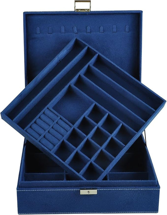 Jewelry Boxes 10 x 10 Inches 2-layer Handle Necklace Holder Organizer Jewellery Women Rings Storage Display Girls Earrings Case Lockable Jewelry Tray GY641 (Navy)