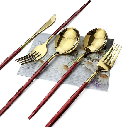 Red Gold Silverware Set, JASHII 30-Piece Stainless Steel Satin Finish Flatware Set, Kitchen Utensil Set, Mirror Polished Tableware Cutlery Set for Home and Restaurant, Dishwasher Safe