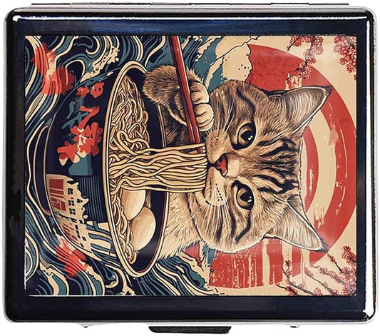 7 Days Chromed Shiny Silver Pill Organizer with Mirror Inside Has 8 Separate Compartments Rectangle,Versatile Storage for Medication - Ideal Travel Accessory (A cat Eating Noodles)