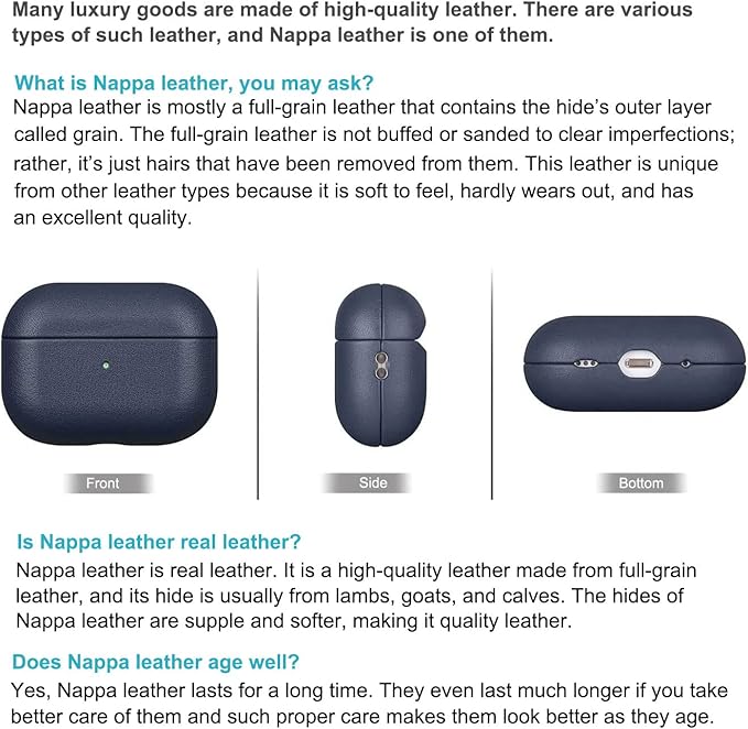 Compatible with AirPods Pro 2nd Generation Leather Case, Lopie Handmade AirPods Pro 2 Leather Case Cover, Protective Case Fully-Wrapped with Top Grain Leather (Not for AirPods Pro 1st Gen) - Blue