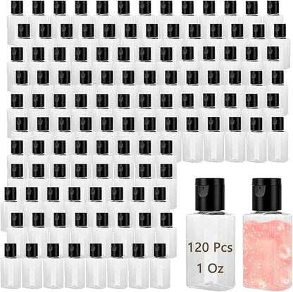 QTLCOHD 120 Pack 1 Oz Plastic Refillable Bottles with Flip Cap, Clear Empty Hand Sanitizer Bottles, Portable Reusable Containers with Lids for Shampoo,Body Soap,Toner and Lotion