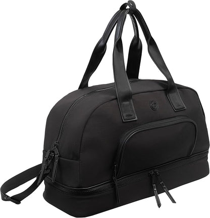 Joan & David 22" Drop Bottom Travel Weekender Overnight Gym Duffel Bag, Includes Front Zip Pocket, Interior Mesh Zip, Detachable Pouch with TSA Approved Bottles (Black)