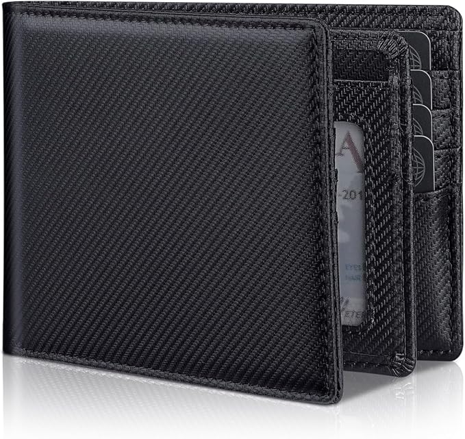 Mens Genuine Leather Bifold RFID Blocking Wallet with 14 Card Slots, ID Window & 2 Cash Pocket - Includes Gift Box (Modern Black)