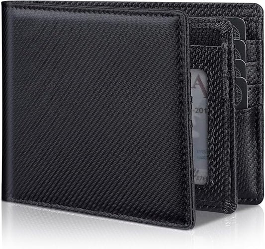Mens Genuine Leather Bifold RFID Blocking Wallet with 14 Card Slots, ID Window & 2 Cash Pocket - Includes Gift Box (Modern Black)