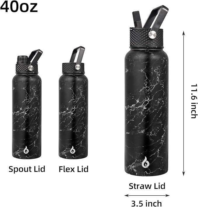 BJPKPK Insulated Water Bottles with Straw Lid, 40oz Stainless Steel Metal Water Bottle with 3 Lids, Reusable Thermo, Keep Cold Hot for Sports, Gym-Midnight