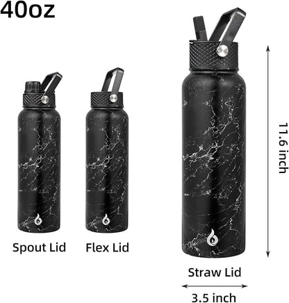 BJPKPK Insulated Water Bottles with Straw Lid, 40oz Stainless Steel Metal Water Bottle with 3 Lids, Reusable Thermo, Keep Cold Hot for Sports, Gym-Midnight