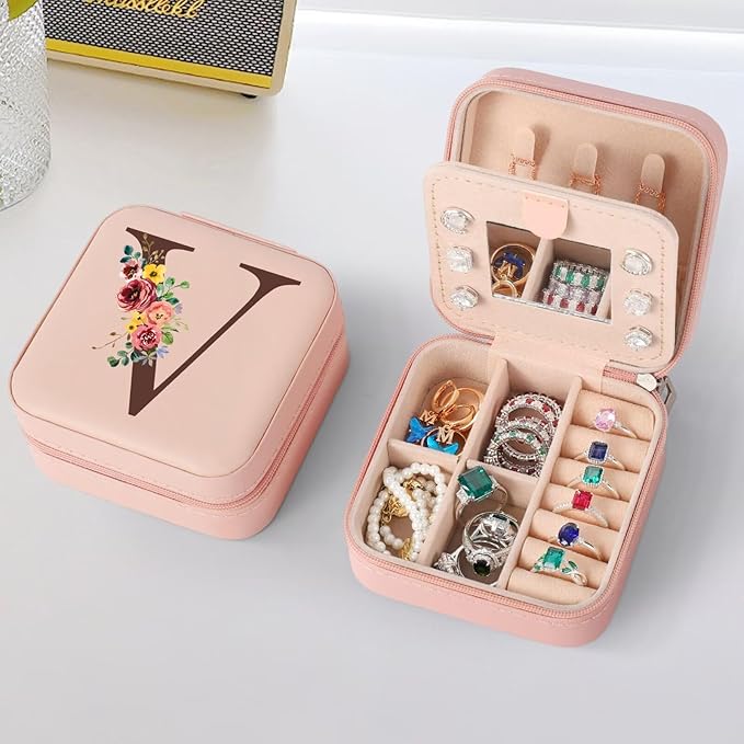Parima Aunt Gifts - Gifts for Aunt, Auntie Gifts, Birthday Gifts for Aunt, Pink Initial Jewelry Box Travel Jewelry Case - Letter V, Pink