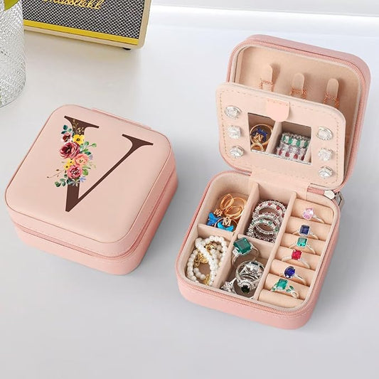 Parima Aunt Gifts - Gifts for Aunt, Auntie Gifts, Birthday Gifts for Aunt, Pink Initial Jewelry Box Travel Jewelry Case - Letter V, Pink
