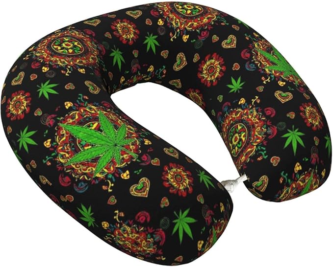 Unique Travel U Shaped Pillows Trippy Green Weedleaf Leaf Art for Airplanes Car Flight, Comfortable Chin Head Neck Cushion Supporting, Polyester Removable Cover