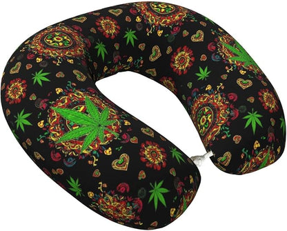 Unique Travel U Shaped Pillows Trippy Green Weedleaf Leaf Art for Airplanes Car Flight, Comfortable Chin Head Neck Cushion Supporting, Polyester Removable Cover