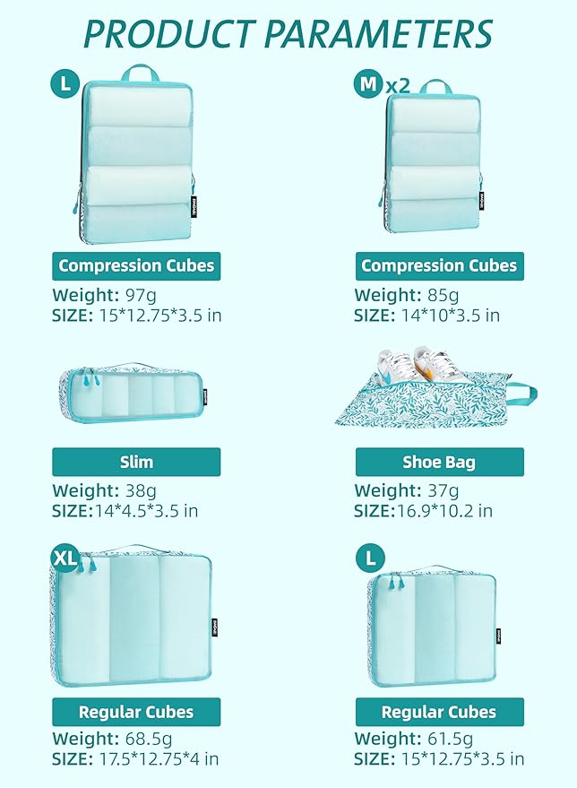 Bagail Ultralight Compression Cubes 7 Set - 3 Packing Cubes, 3 Organizers, and 1 Shoe Bag
