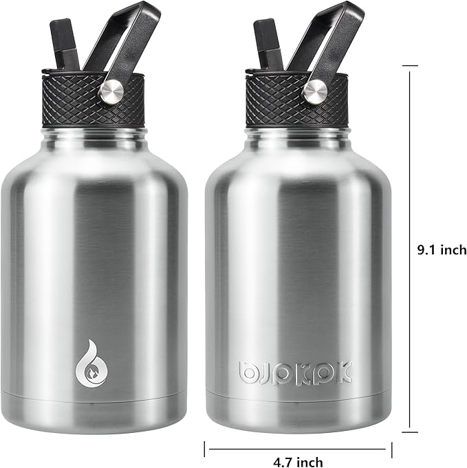 BJPKPK Insulated Water Bottles with Straw Lid, 50oz Large Water Jug, Stainless Steel Vacuum Bottles, Hot & Cold Thermo with 3 Lids and Paracord Handle,Stainless Steel